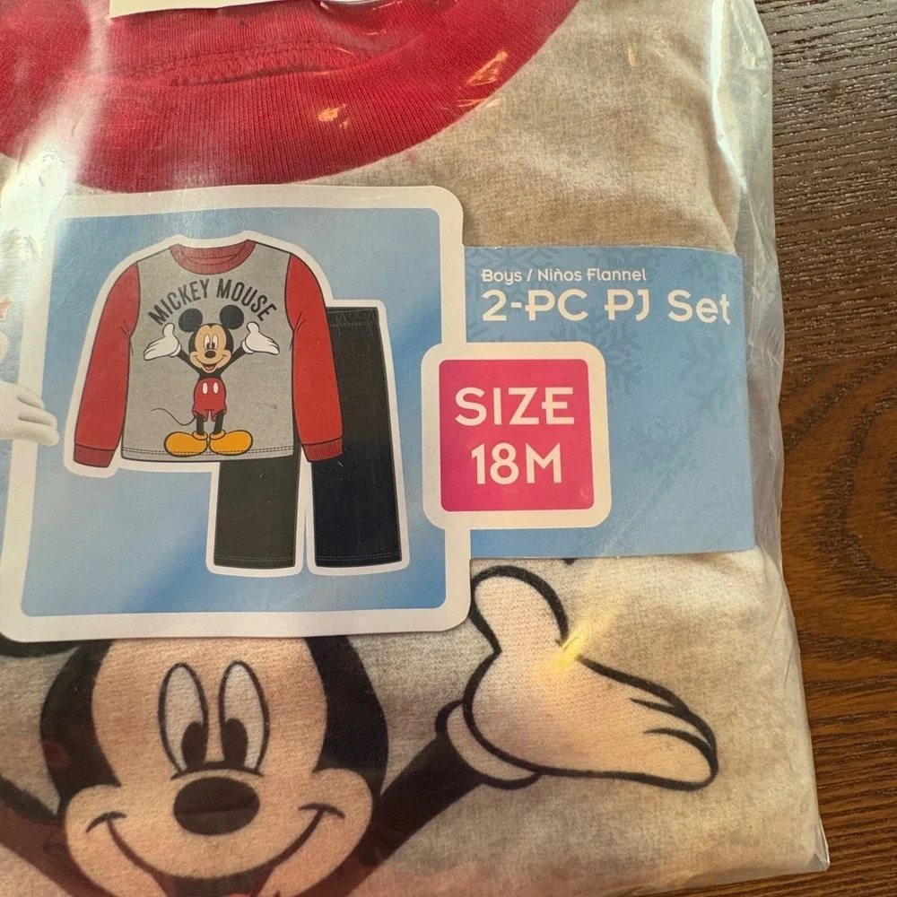 Disney Mickey Mouse Pajama Set Boys‎ 3T Red Gray NEW 2-Piece Flannel Sleepwear